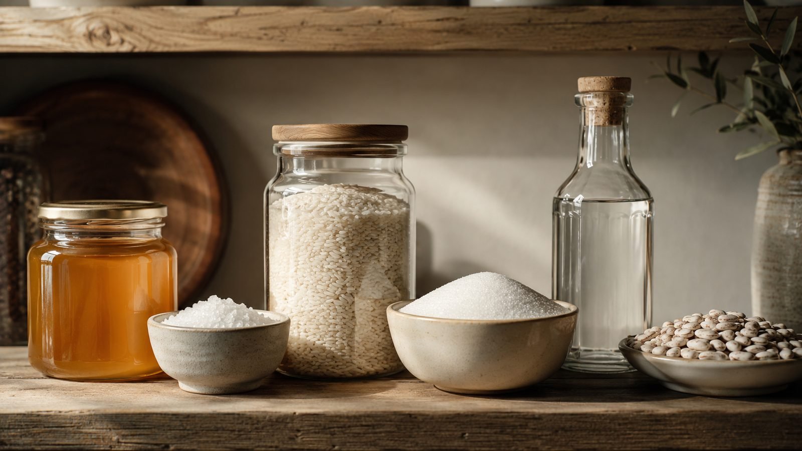 Foods that never expire — pantry shelf with honey, salt, rice, sugar and vinegar