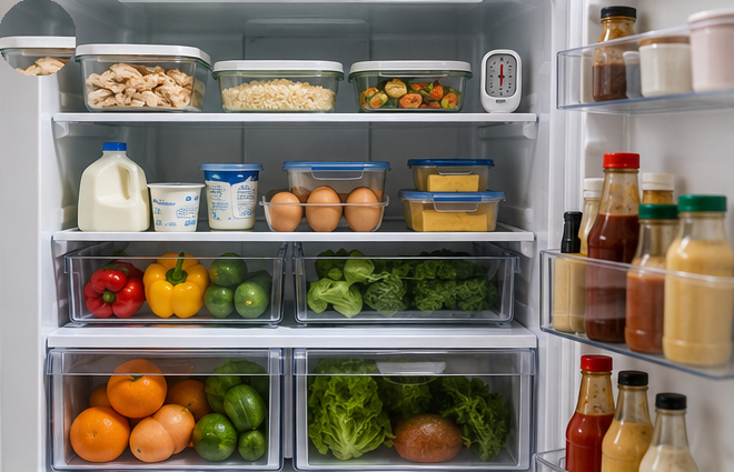 Organized refrigerator with labelled leftovers, produce, dairy, and separated raw food