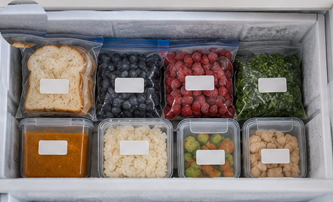 Organized freezer storage system with labelled, portioned food packages