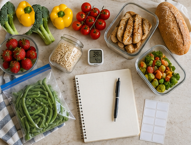 Food storage containers, labels, and fresh ingredients arranged for a waste-less kitchen