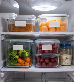 Clearly marked eat-first section inside an organized refrigerator