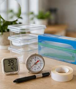 Food storage tools including a refrigerator thermometer, clear containers, labels, and freezer bags