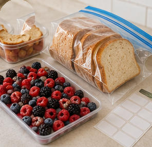 Bread slices and berries portioned for freezer storage